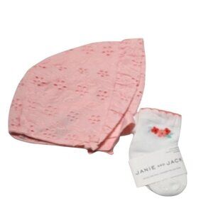 Janie And Jack Eyelet Bonnet and Socks Baby 0-3 Months Prairie Floral Cotton